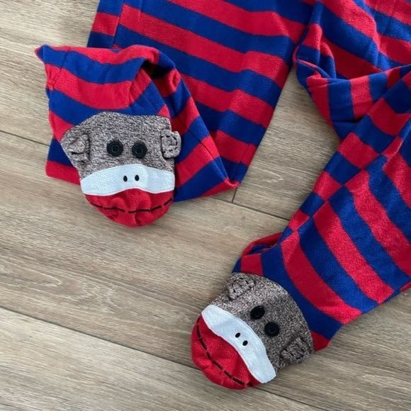 Nick & Nora Sock Monkey Red & Blue Striped Onesie Pajamas, Sz Small - Picture 2 of 14